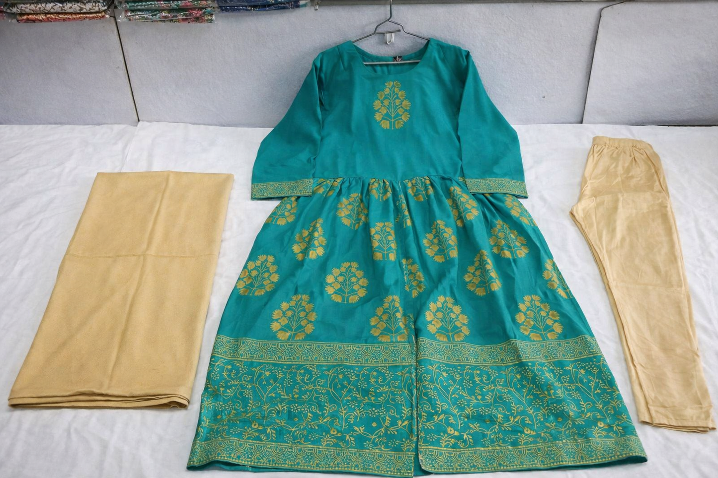 Turquoise Block Printed Arabic Lawn Maxi Set for Women