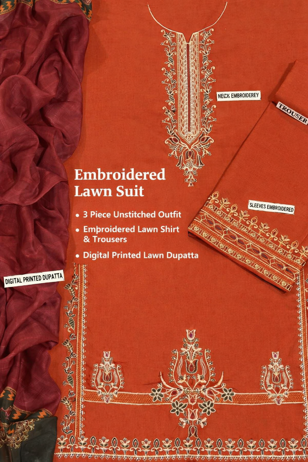 Radiant Orange Elegance – Embroidered Lawn Ensemble(3 piece)