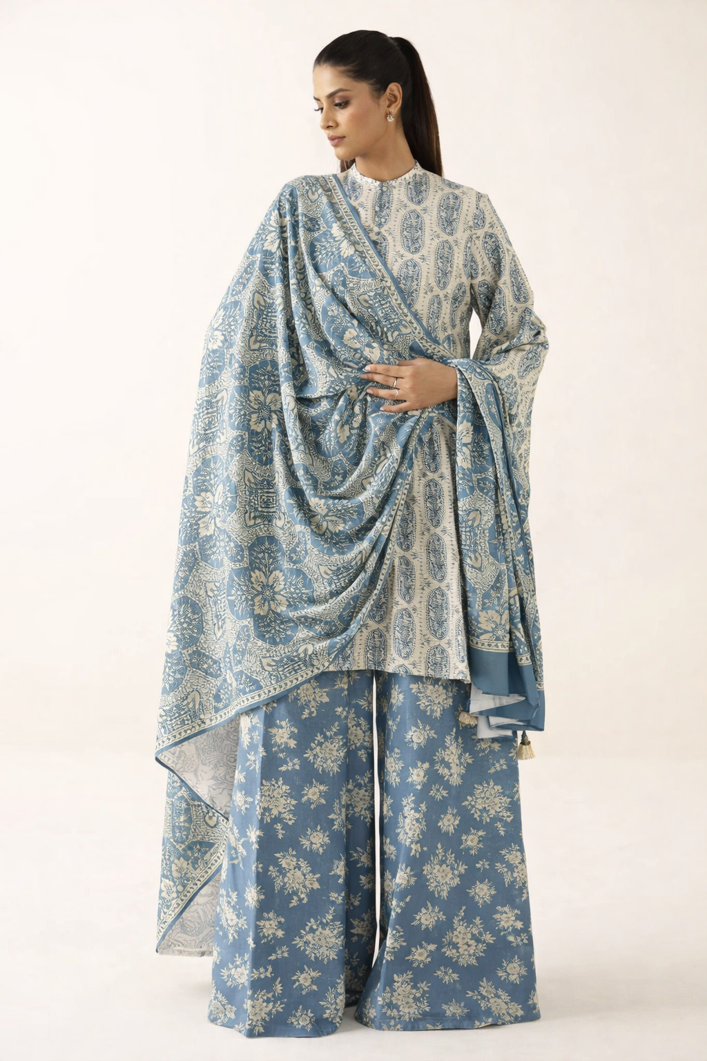 Unstitched Printed Lawn Suit Blue Cream Silver Floral Ramzan Wear 3 Pcs