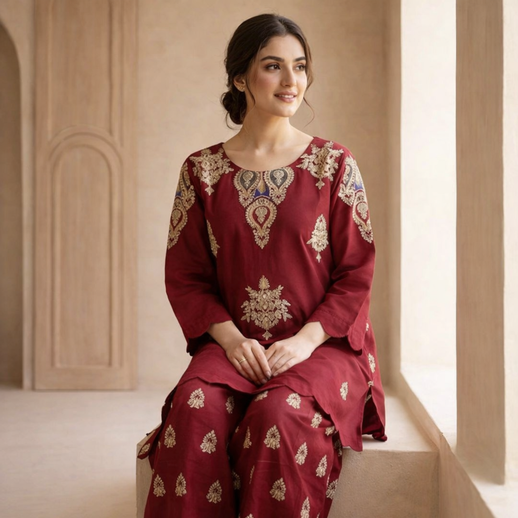 Cotton Embroidered Shirt & Flapper Set Maroon 2Pcs
