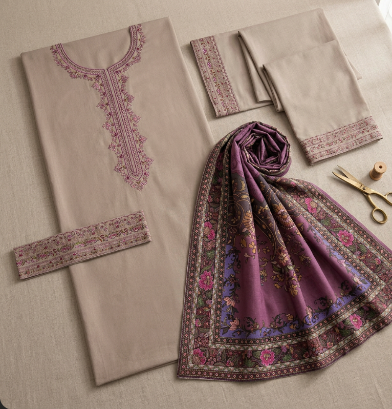 Beige Lawn 3-Piece Suit with Purple Digital Print Dupatta