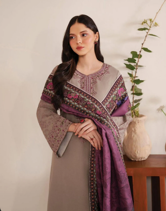 Beige Lawn 3-Piece Suit with Purple Digital Print Dupatta