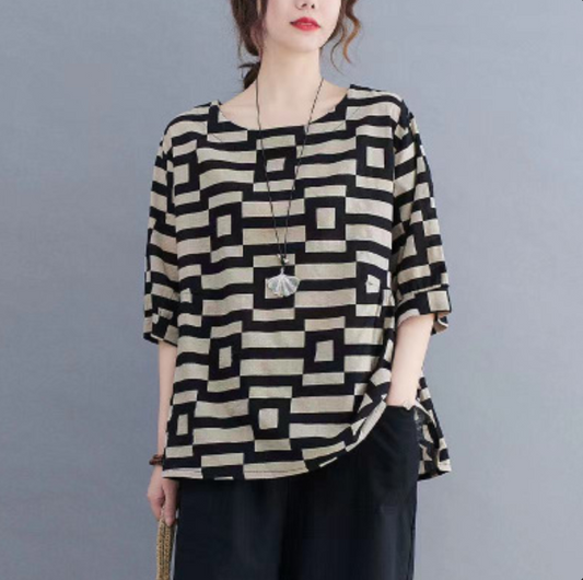Plus Size Women T-Shirt Black Plaid Summer Slim Fit