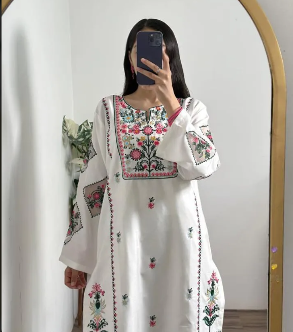 White Embroidered Cotton Shirt Trouser Set for Women(2 PEICE STICHED)