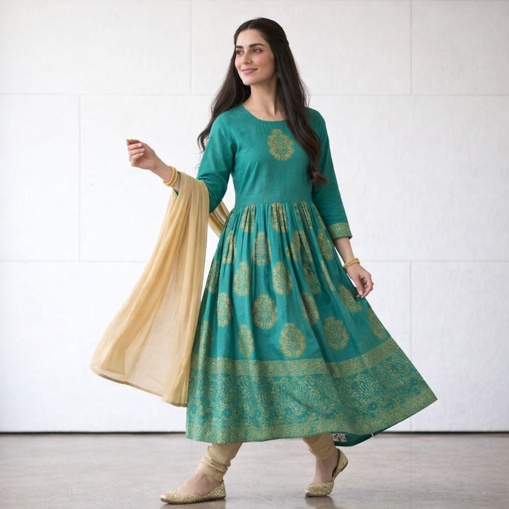 Turquoise Block Printed Arabic Lawn Maxi Set for Women