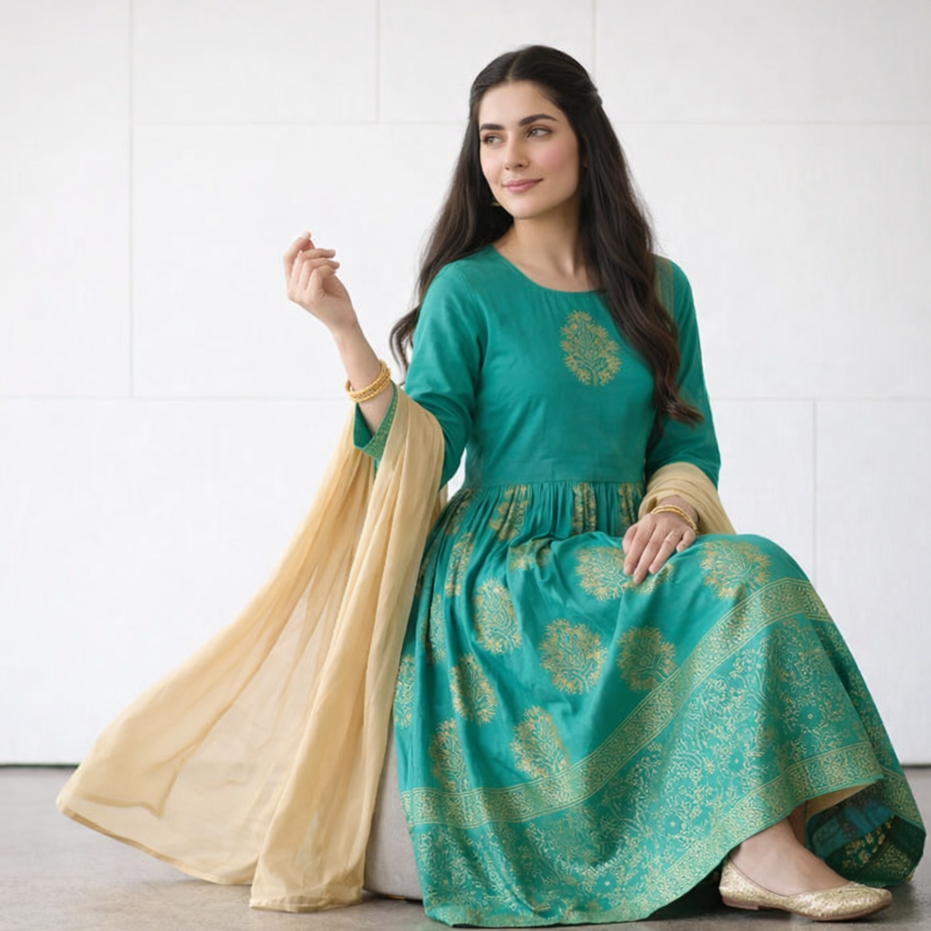 Turquoise Block Printed Arabic Lawn Maxi Set for Women