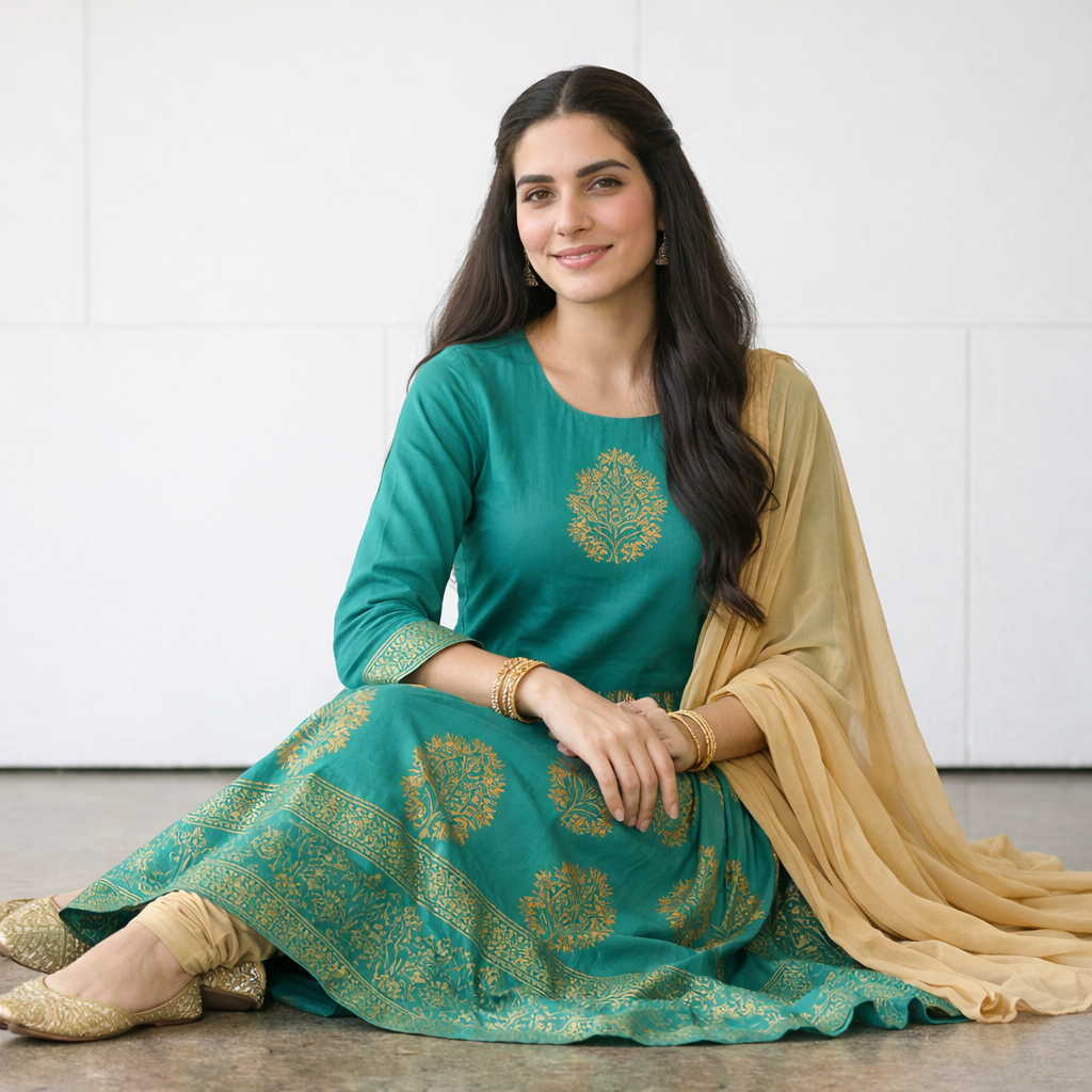 Turquoise Block Printed Arabic Lawn Maxi Set for Women