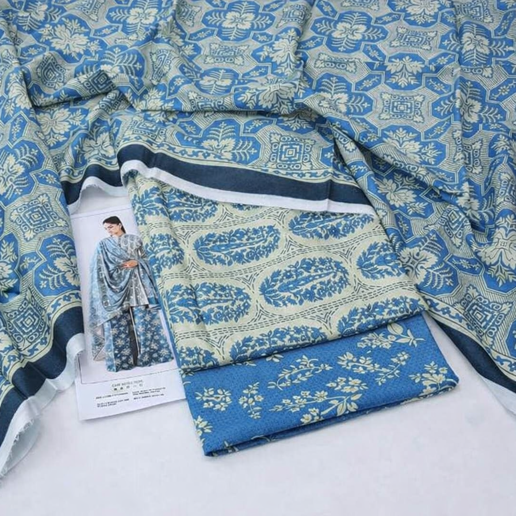 Unstitched Printed Lawn Suit Blue Cream Silver Floral Ramzan Wear 3 Pcs