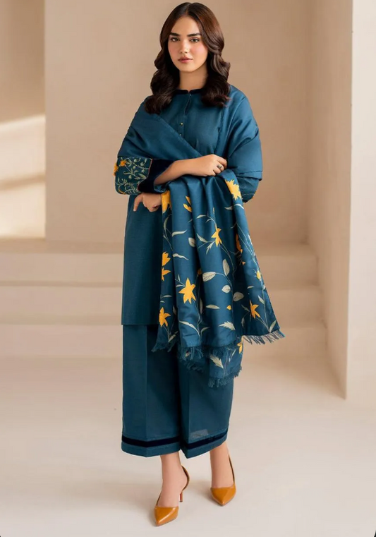 Teal Embroidered Lawn Fabric Set (3-Piece)