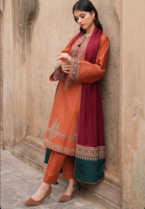 Radiant Orange Elegance – Embroidered Lawn Ensemble(3 piece)