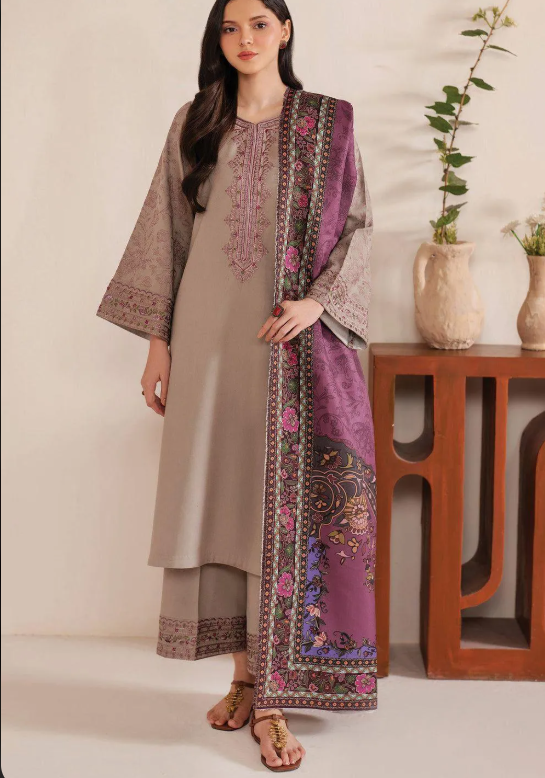 Beige Lawn 3-Piece Suit with Purple Digital Print Dupatta