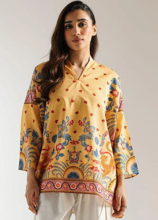 Women's Yellow Printed Kurta Peshawari