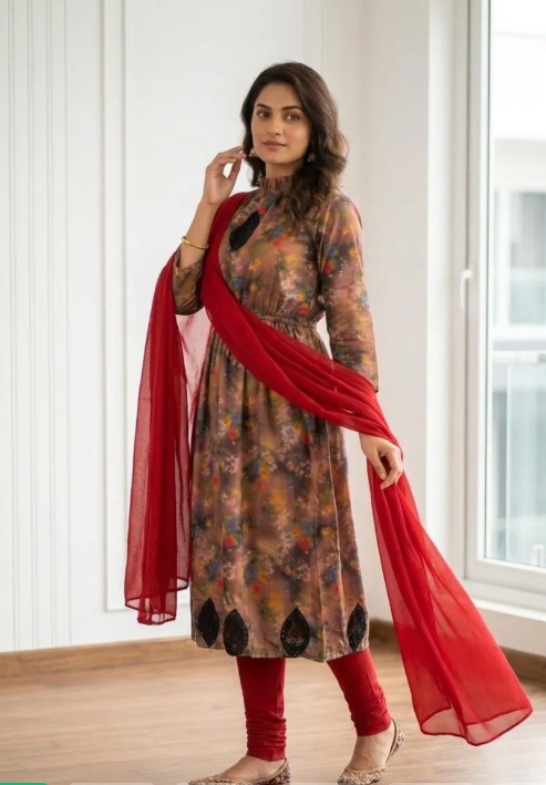 Printed Kurta Set with Red Shawl