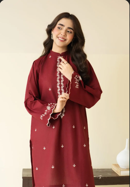 2 Pcs Women's Stitched Cotton Lawn Embroidered Shirt And Trouser