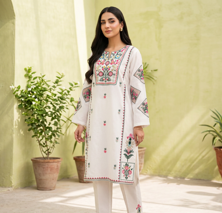 White Embroidered Cotton Shirt Trouser Set for Women(2 PEICE STICHED)