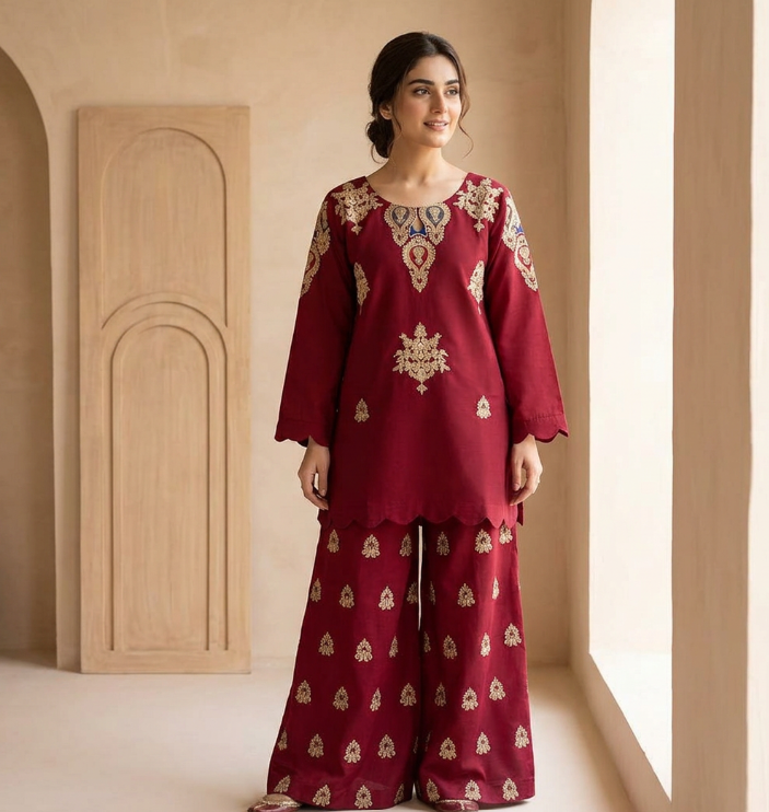 Cotton Embroidered Shirt & Flapper Set Maroon 2Pcs