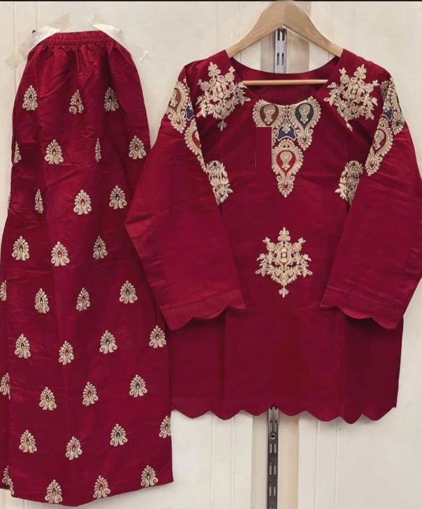 Cotton Embroidered Shirt & Flapper Set Maroon 2Pcs