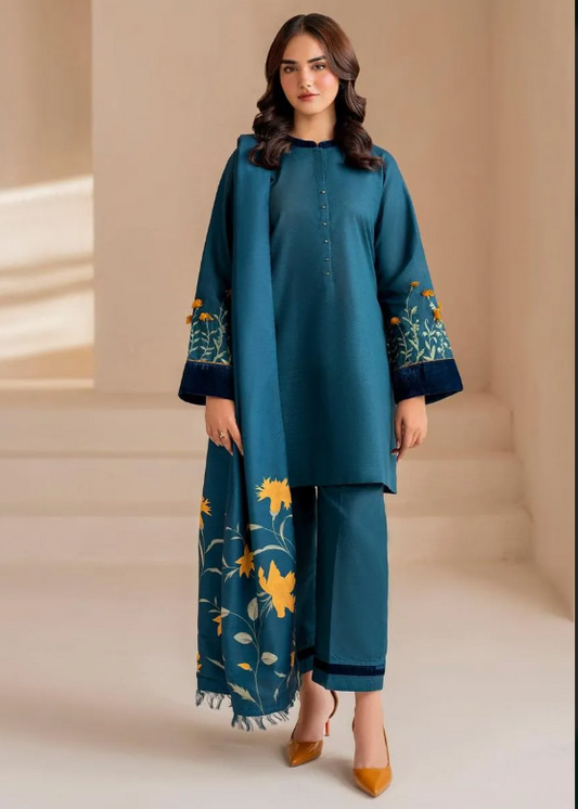 Teal Embroidered Lawn Fabric Set (3-Piece)