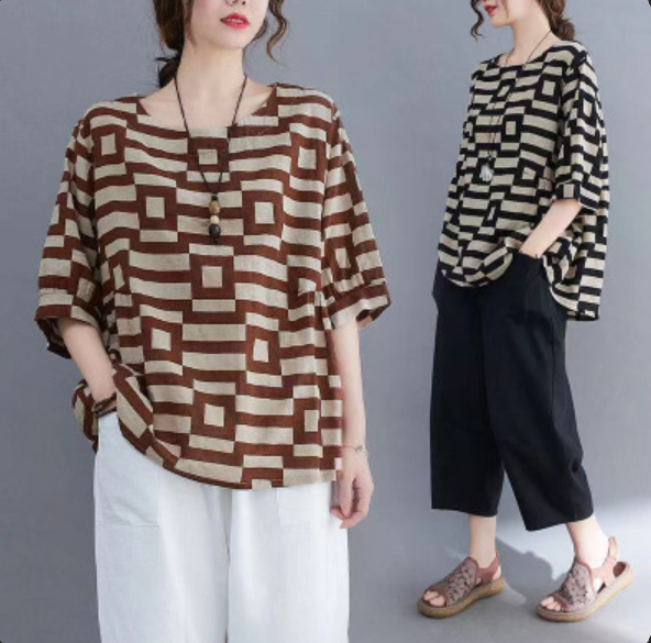 Plus Size Women T-Shirt Black Plaid Summer Slim Fit