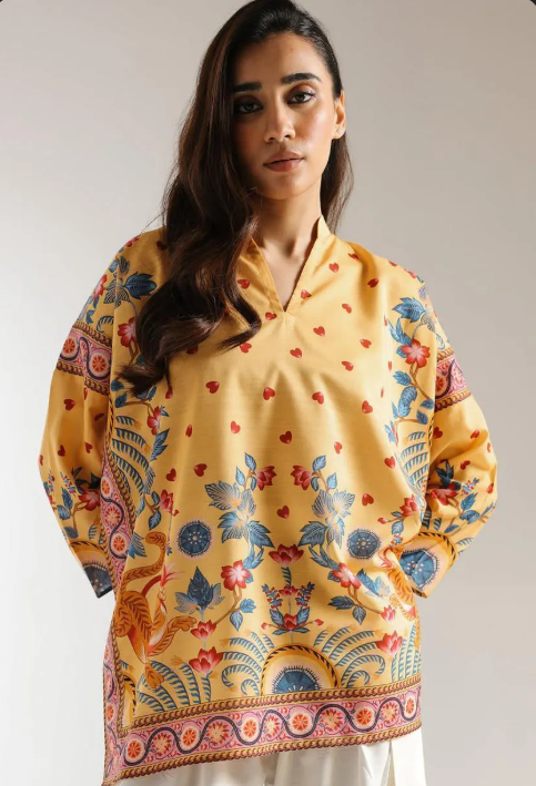 Women's Yellow Printed Kurta Peshawari