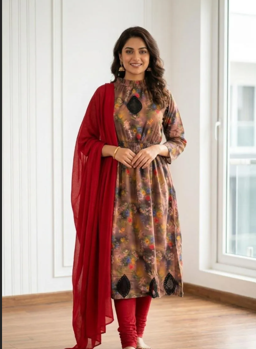 Printed Kurta Set with Red Shawl