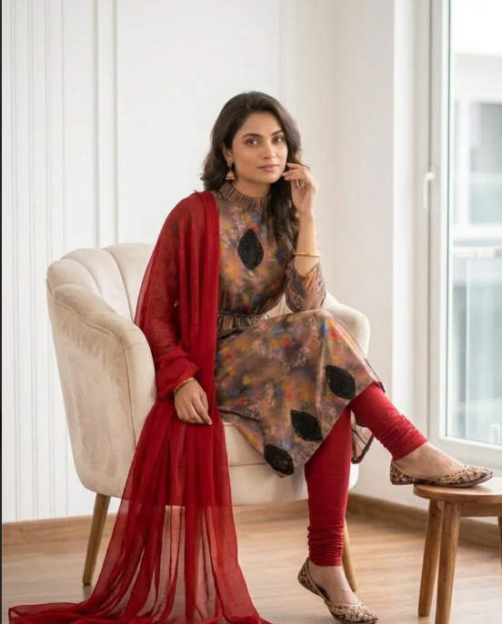 Printed Kurta Set with Red Shawl