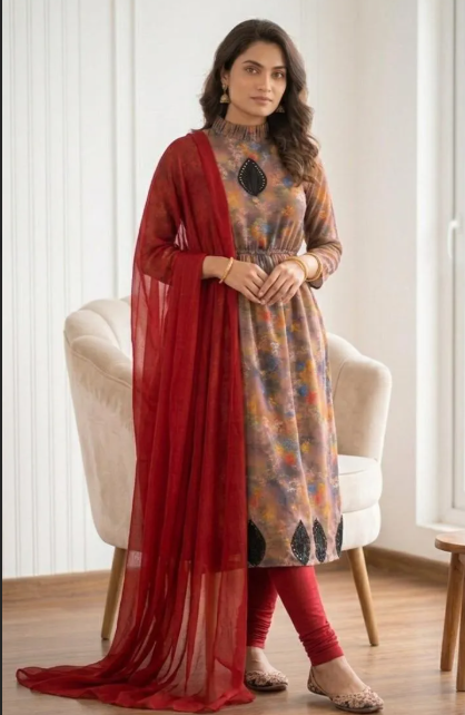 Printed Kurta Set with Red Shawl