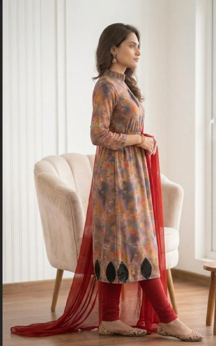 Printed Kurta Set with Red Shawl