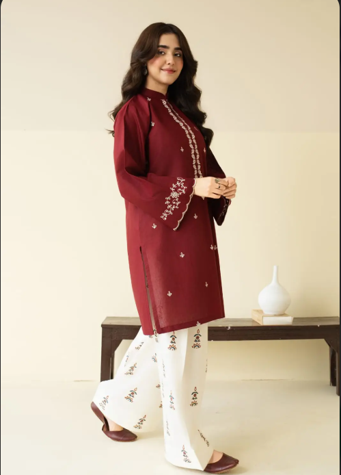 2 Pcs Women's Stitched Cotton Lawn Embroidered Shirt And Trouser