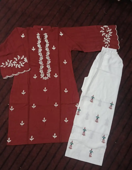 2 Pcs Women's Stitched Cotton Lawn Embroidered Shirt And Trouser