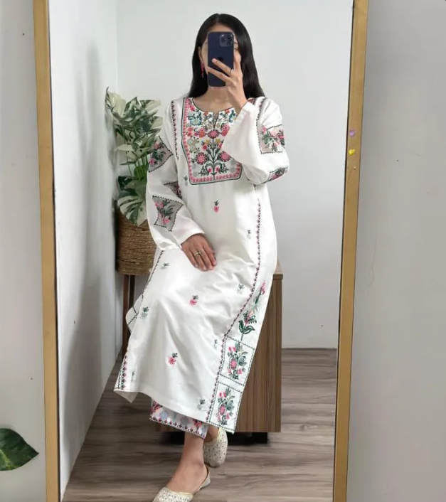 White Embroidered Cotton Shirt Trouser Set for Women(2 PEICE STICHED)