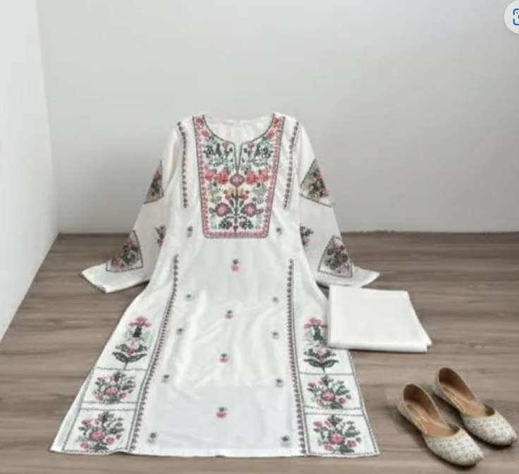 White Embroidered Cotton Shirt Trouser Set for Women(2 PEICE STICHED)