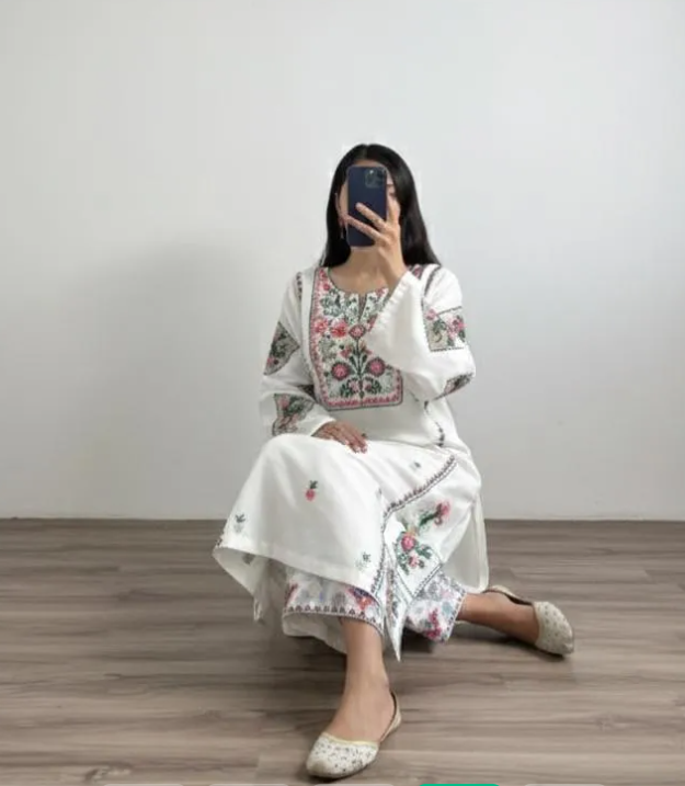 White Embroidered Cotton Shirt Trouser Set for Women(2 PEICE STICHED)